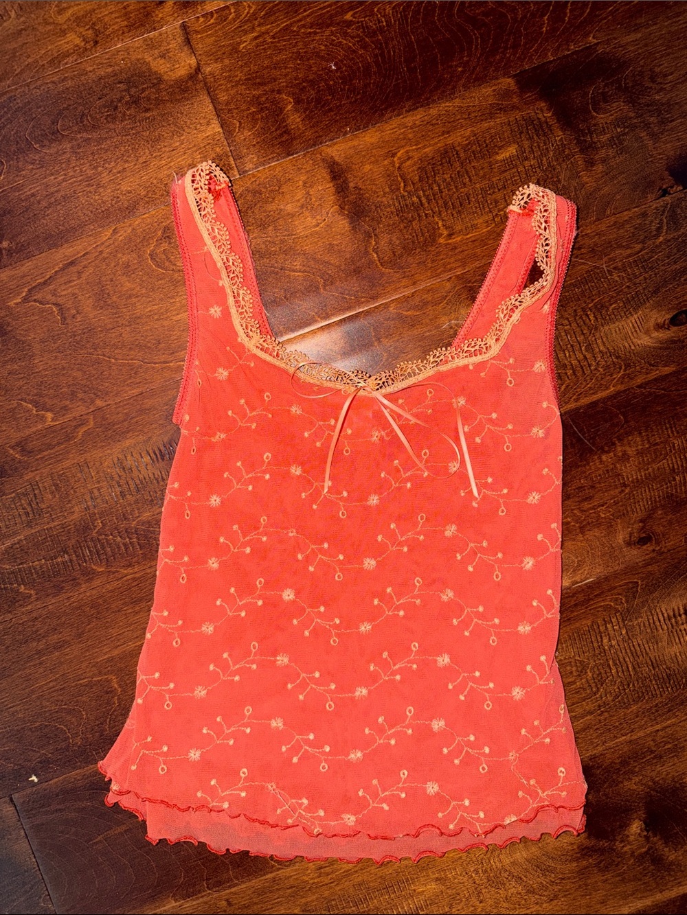 Thrifted Arianne Coral-Orange Floral Embroidered Lace Tank